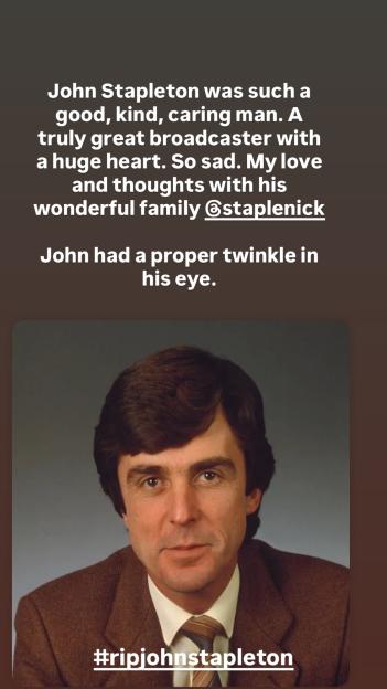 Tribute to John Stapleton with his portrait and text mourning his passing.