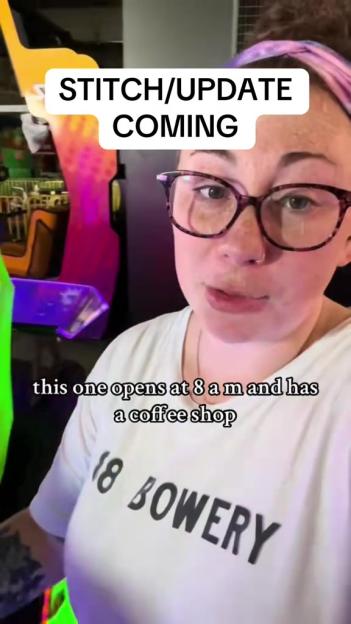 A woman shares that a place opens at 8 a.m. and has a coffee shop.