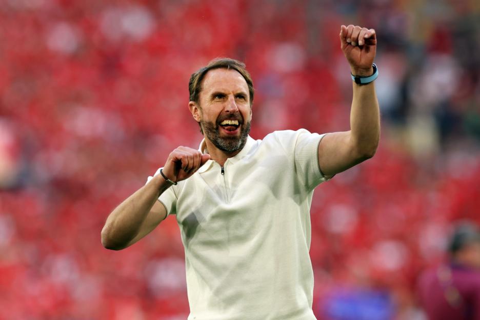 England coach Gareth Southgate celebrating a goal during the UEFA Euro 2024 Quarter-Final match against Switzerland.