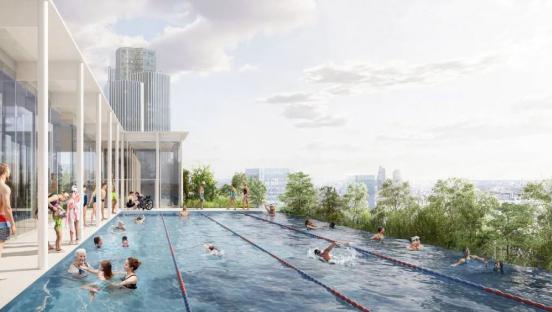 Illustration of an outdoor rooftop pool with swimmers, overlooking a city.