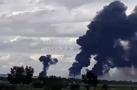 Smoke plumes rising from the Belaya Air Base in Irkutsk after a suspected drone strike.