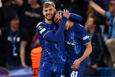 Kiernan Dewsbury-Hall and Reggie Walsh of Chelsea celebrating a goal.