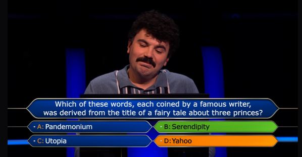 Who Wants To Be A Millionaire contestant considering answers to a question about words coined by famous writers.