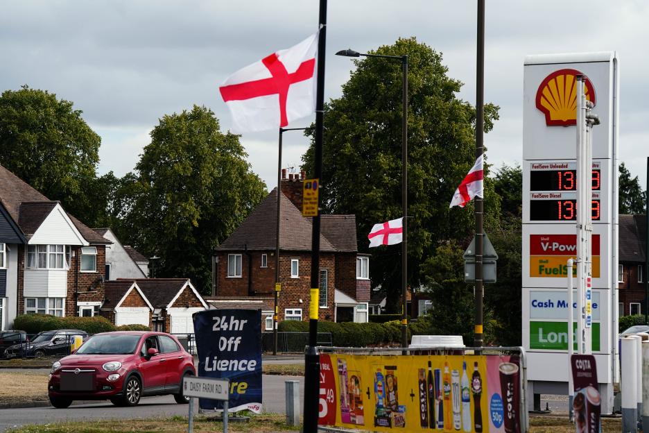 St. George's flags on lampposts in Birmingham, England.