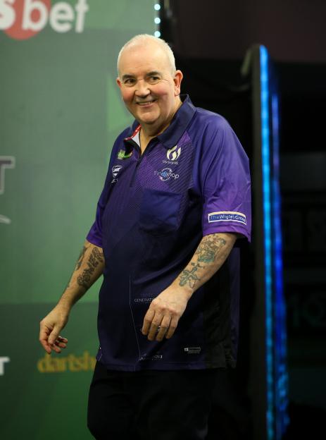 Phil Taylor during the Jennings Bet Champion of Champions Tour 2024 at Winter Gardens, Blackpool, United Kingdom on 23 March 2024.