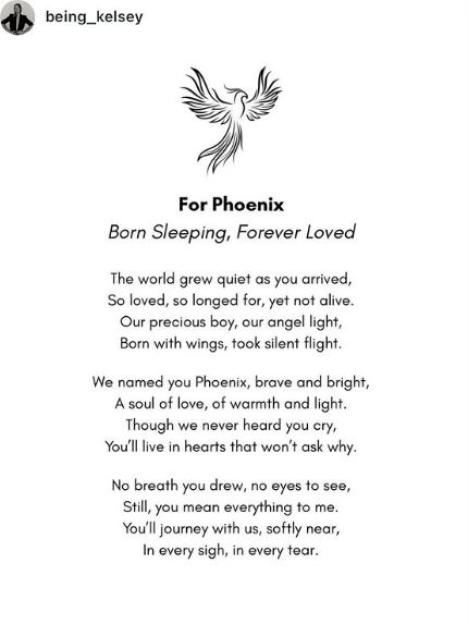 An Instagram post from "being_kelsey" with a poem titled "For Phoenix: Born Sleeping, Forever Loved," alongside an illustration of a phoenix.