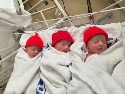 Three newborn triplets wearing red knitted hats sleep in a hospital crib.