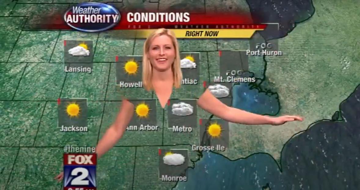 Jessica Starr doing the weather forecast in a green dress, which causes her body to disappear into the green screen, leaving only her head and arms visible against the weather map.
