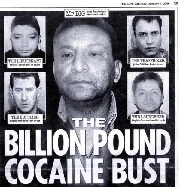 Newspaper article about a billion-pound cocaine bust, featuring photos of those involved.