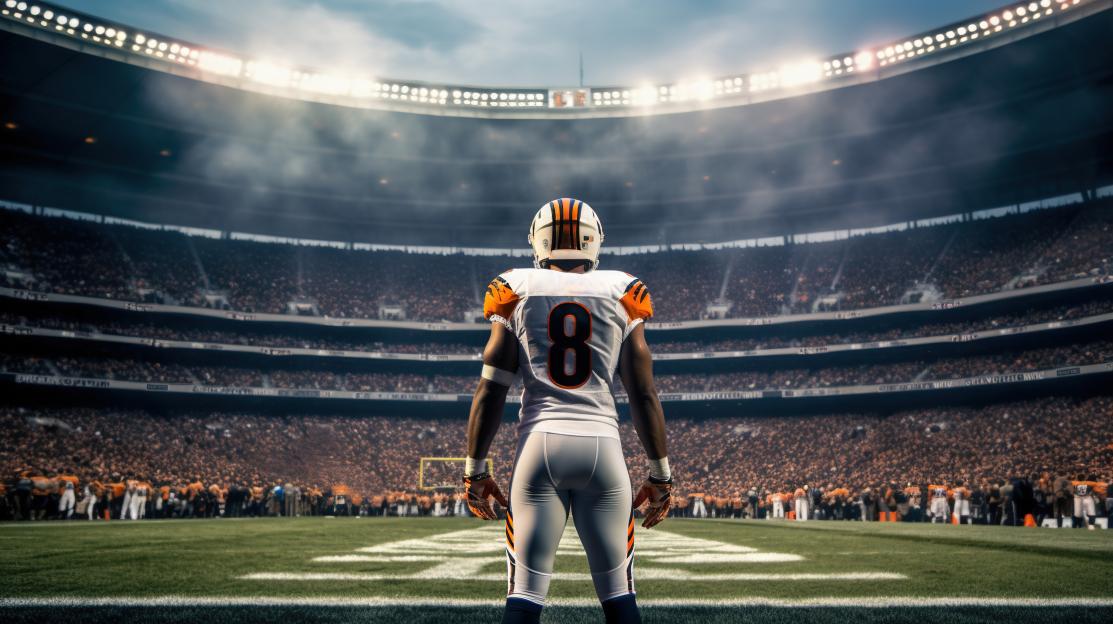 An American football player wearing jersey number 8, standing on the field, gazing at a stadium filled with fans.