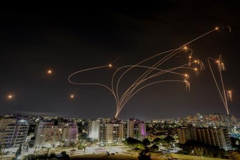 Iron Dome anti-missile system intercepting rockets over Ashkelon, Israel.