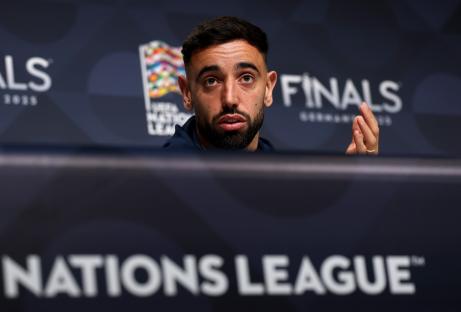 MUNICH, GERMANY - JUNE 03: Bruno Fernandes of Portugal speaks to the media during the Portugal Press Conference ahead of the UEFA Nations League 2025 Semi-final between Germany and Portugal on June 03, 2025 in Munich, Germany. (Photo by Maja Hitij - UEFA/UEFA via Getty Images)