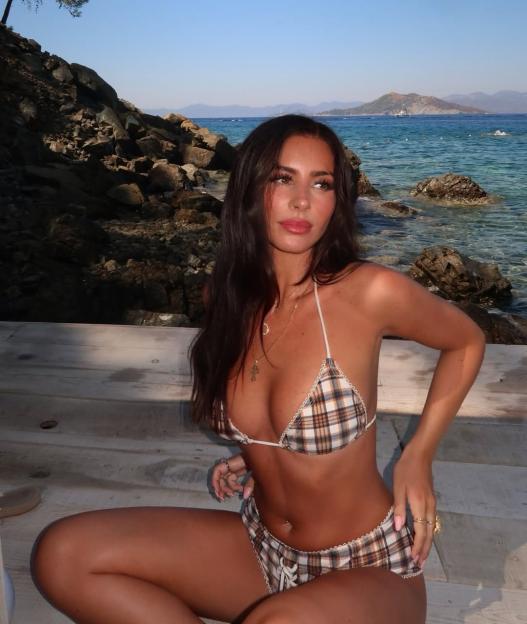 Woman in a plaid bikini sitting on a dock by the ocean.