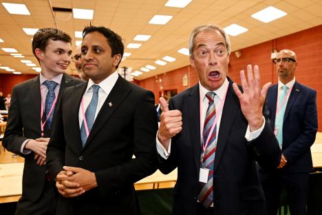 Nigel Farage of the Reform Party celebrating a by-election win.