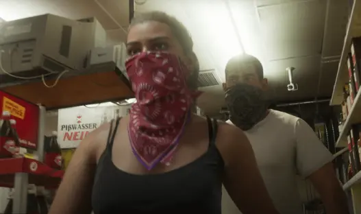 Two people wearing bandanas in a store.