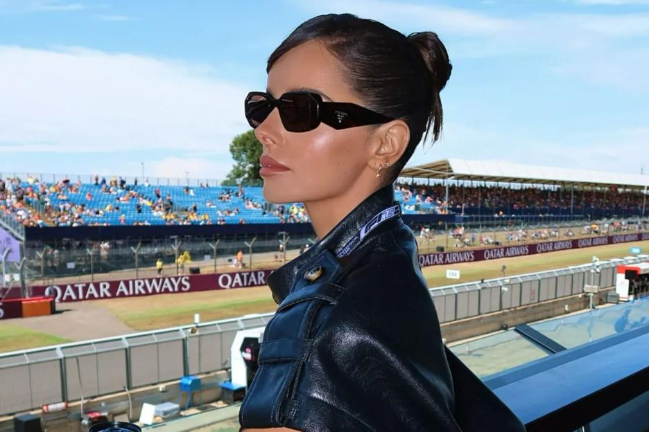 Maura Higgins cuts a stylish figure in a leather dress as she attends the British Grand Prix 