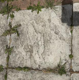 Stone slab with faint markings and weeds growing in cracks.