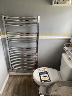 Bathroom with new heated towel rack and bird stencil on the wall.