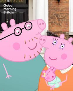 Illustration of Peppa Pig's parents holding their new baby.