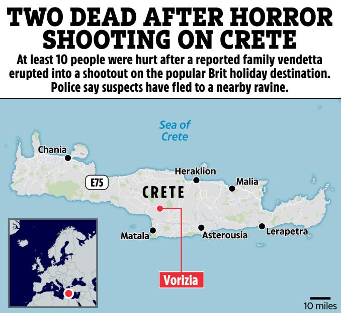 Map of Crete showing the location of a shooting in Vorizia, with an inset map showing Crete's location in Europe.