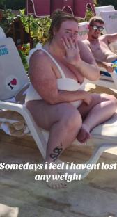 Woman in a white swimsuit sits on a lounge chair by a pool, partially covering her face with her hand. A man is visible in the background. Text overlay reads: 