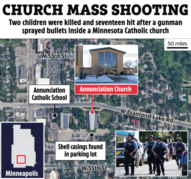 Map showing location of Minnesota church mass shooting; two children killed, seventeen injured.