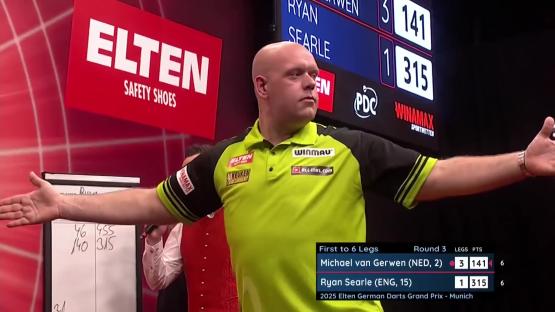 Michael van Gerwen celebrating a dart score.