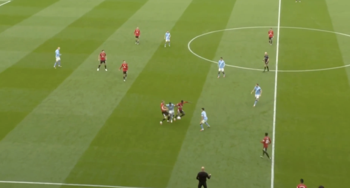 Screenshot of a soccer game in progress.