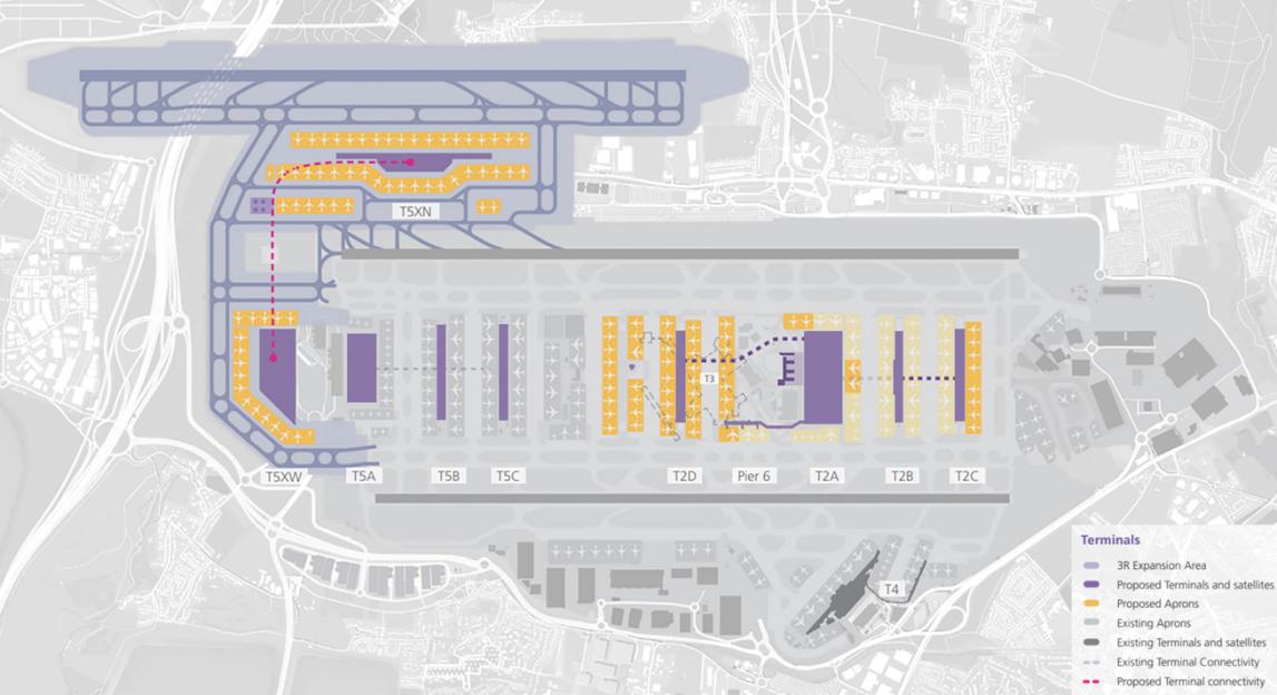 Illustration of Heathrow Airport expansion plans, showing proposed terminals, aprons, and terminal connectivity.