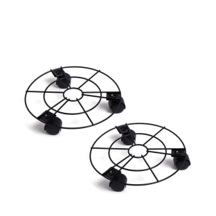 Two black metal plant stands with wheels.