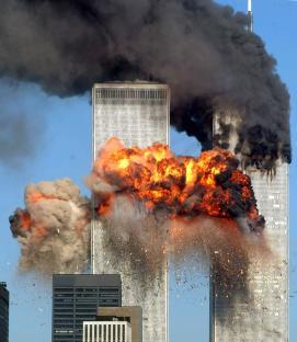 Photo of United Airlines Flight 175 crashing into the South Tower of the World Trade Center.