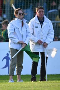 21 August 2023; Jockey Rachael Blackmore and former jockey Barry Geraghty acting as umpires during the Hurling for Cancer Research 2023 charity match at Netwatch Cullen Park in Carlow. Photo by Piaras à MÃdheach/Sportsfile