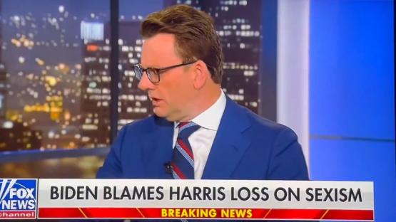 Fox News broadcast reporting Biden blaming Harris' loss on sexism.