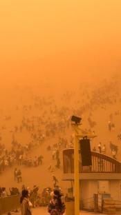 Tourists stranded in a severe sandstorm in Dunhuang, China.