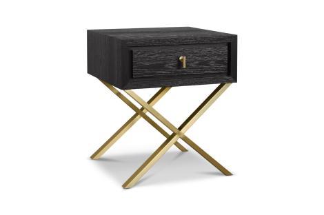 Black side table with gold legs and one drawer.