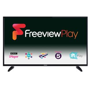 ElectriQ 49-inch 4K Ultra HD LED TV displaying Freeview Play and various streaming services.