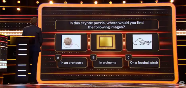 Game show screen showing a cryptic puzzle: find where a ball of twine, a gold plaque, and a drawing of a cloud with wind would be found. Options: orchestra, cinema, football pitch.