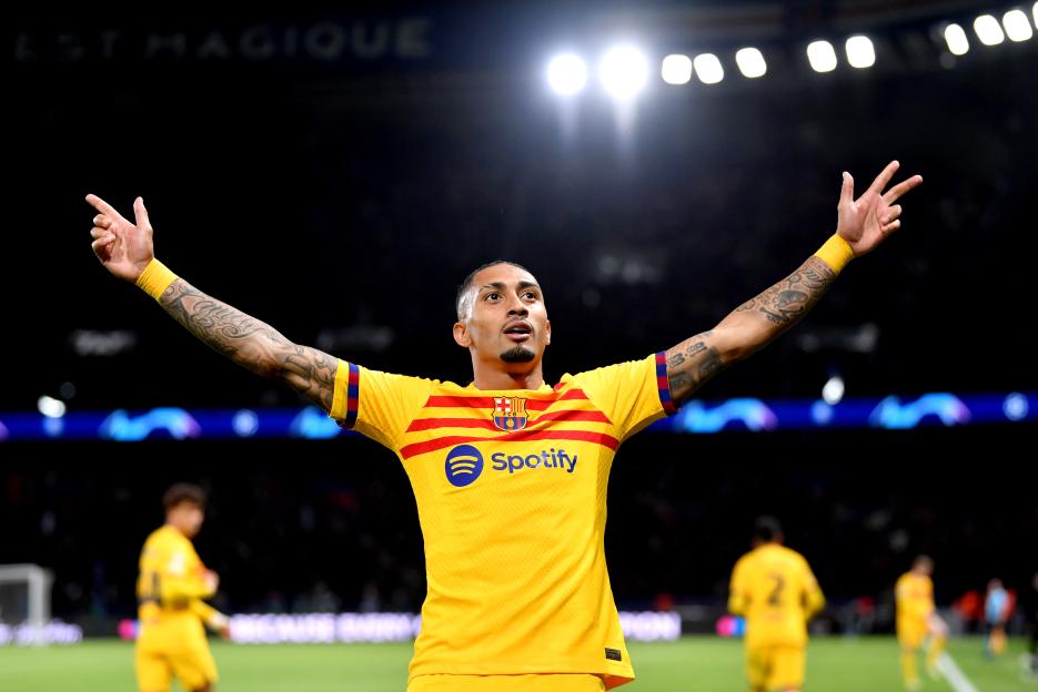 Raphinha of FC Barcelona celebrating a goal.