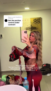 Screenshot of a woman taking a selfie while addressing a comment about portion control.