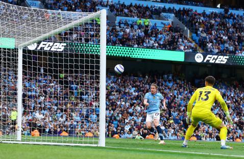 Kevin De Bruyne of Manchester City shoots at goal.