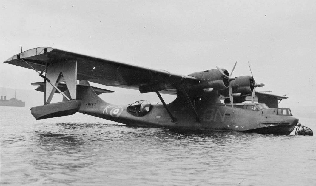 RAF Catalina flying boat on water.