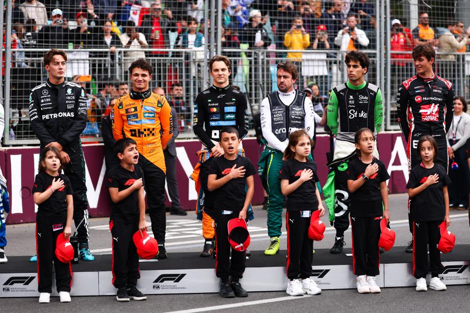 George Russell and F1 stars cannot help but laugh as kid sings national anthem at Azerbaijan Grand Prix