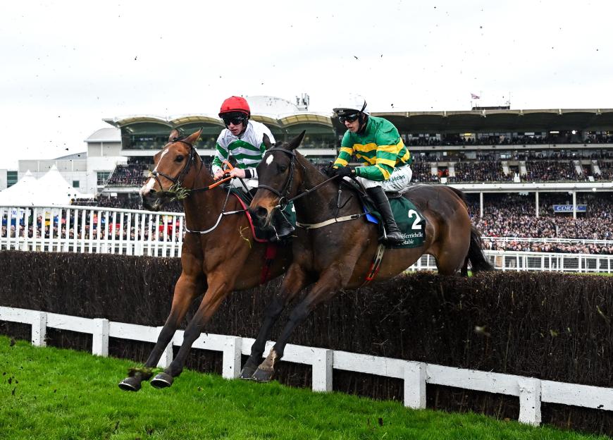 Two jockeys racing horses over a jump.
