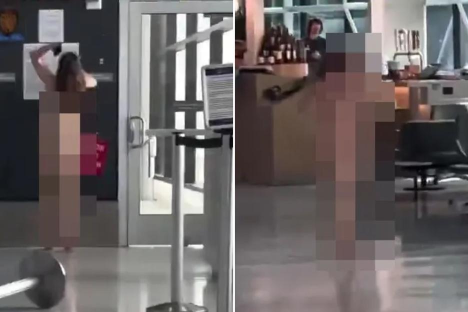 Shock moment naked woman storms through airport ‘stabbing passengers with pencil & biting victim’ in furious meltdown