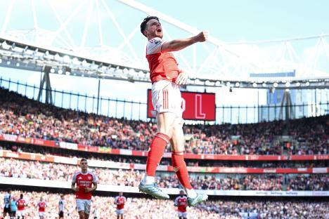 Declan Rice of Arsenal celebrating a goal.