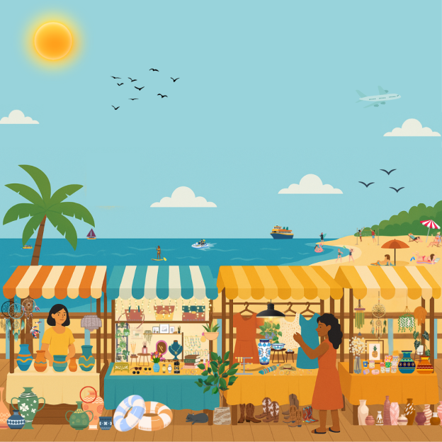 Illustration of a beach market with vendors selling various goods.