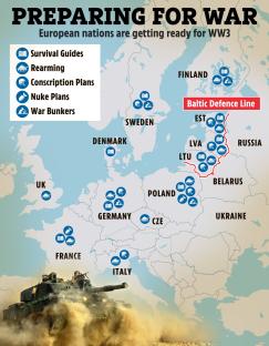 Illustration of a map showing European nations' preparations for war, including rearmament, conscription plans, and nuclear plans.