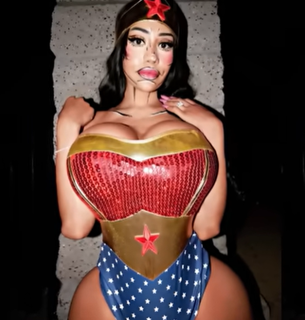 Woman in a Wonder Woman costume with heavily contoured makeup to create a cartoonish appearance.