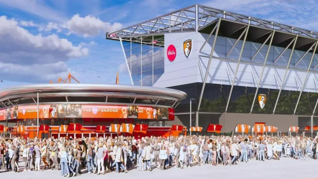 Illustration of the expanded Vitality Stadium with a large crowd in front.
