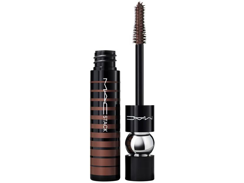 MAC Stack mascara in brown, with an open tube and applicator brush visible.